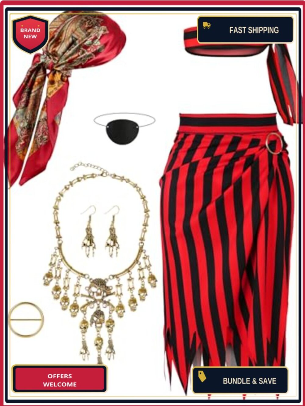 Pirate Costume Accessory Set Skirt Earrings Necklace Bandana Eyepatch